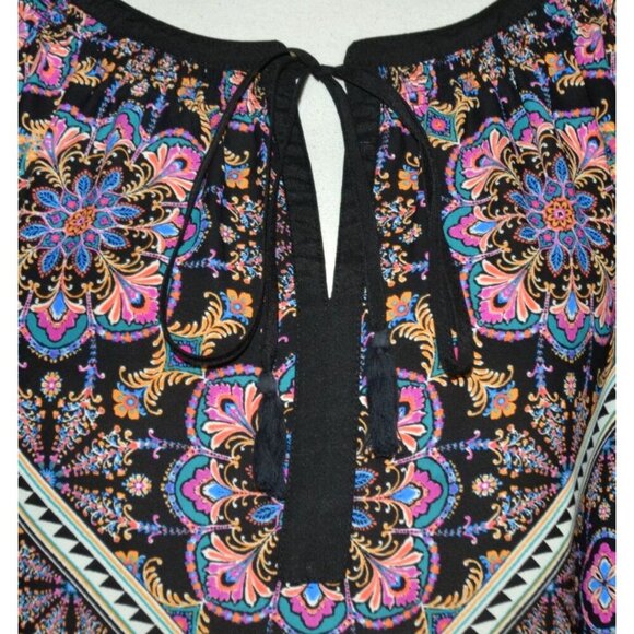 Daniel Rainn Chiffon Blouse Top Size XL Tie & Tassels Colorful Floral & Black - Picture 3 of 12